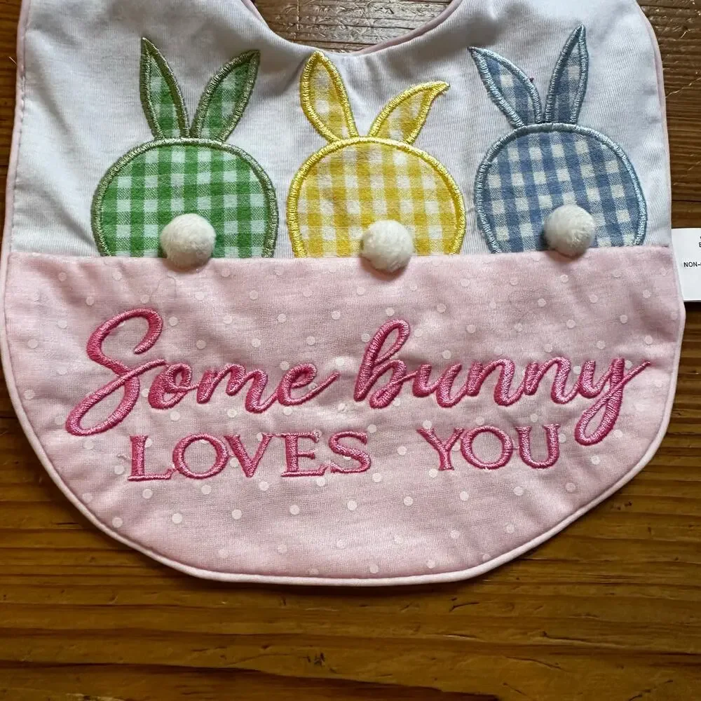 Bunny‎ spring white pink checkered embroidered bib